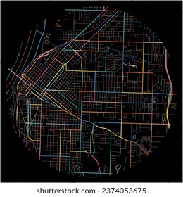 Map of FortSmith, Arkansas with all major and minor roads, railways and waterways. Colorful line art on black background.