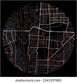 Map of FozdoIguacu with all major and minor roads, railways and waterways. Colorful line art on black background.