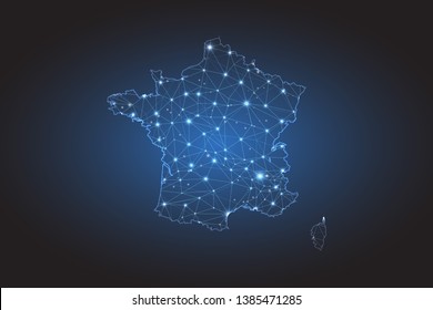 Map of France - Abstract mash line and point scales on circuit dark background. Wire frame 3D mesh polygonal network line, design sphere, dot and structure. Vector illustration eps 10.