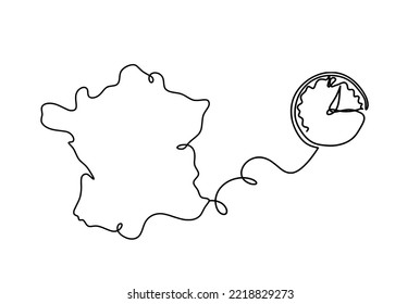 Map of France, Algeria with clock as line drawing on white background. Vector