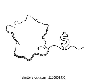 Map of France, Algeria with dollar as line drawing on white background. Vector