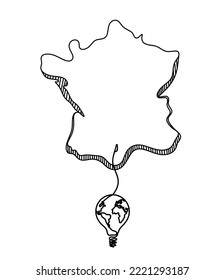 Map of France, Algeria with globe light bulb as line drawing on white background. Vector