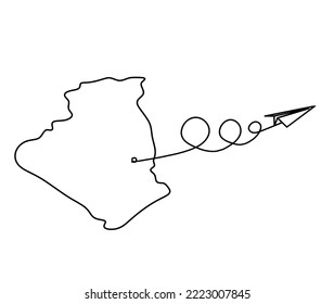Map of France, Algeria with paper plane light bulb as line drawing on white background. Vector
