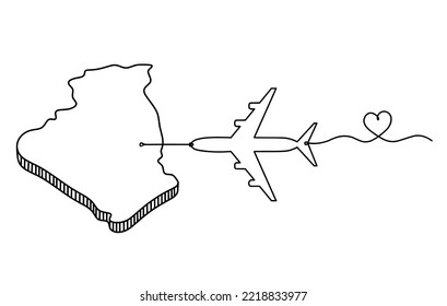 Map Of France, Algeria With Plane As Line Drawing On White Background. Vector