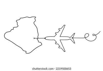 Map Of France, Algeria With Plane As Line Drawing On White Background. Vector