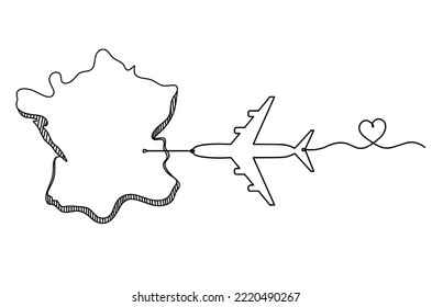 Map Of France, Algeria With Plane As Line Drawing On White Background. Vector