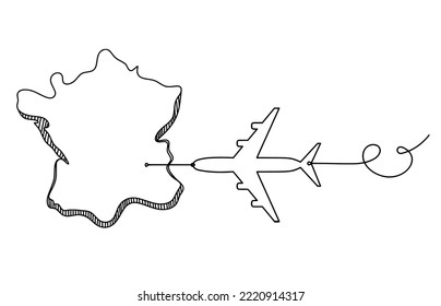 Map Of France, Algeria With Plane As Line Drawing On White Background. Vector