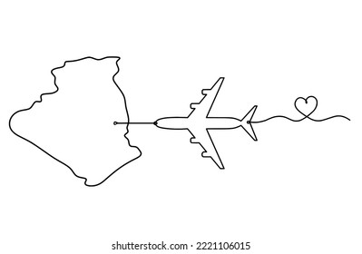 Map of France, Algeria with plane as line drawing on white background. Vector
