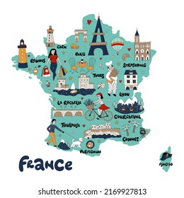 Map of France with its architecture, culture, and french people. It can be used for children's books, posters, travel blogs, souvenir designs, and prints for clothing. 