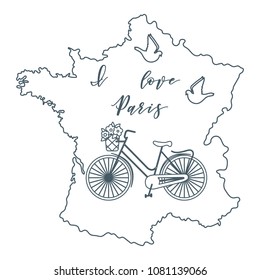 Map of France, bicycle with a basket of flowers, pigeons. Travel and leisure.