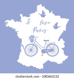 Map of France, bicycle with a basket of flowers, pigeons. Travel and leisure.