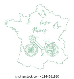 Map of France, bicycle with a basket of flowers, pigeons. Travel and leisure.
