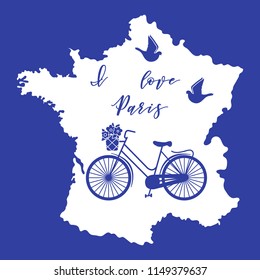 Map of France, bicycle with a basket of flowers, pigeons. Travel and leisure.