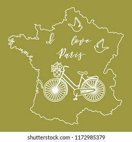 Map of France, bicycle with a basket of flowers, pigeons. Travel and leisure.