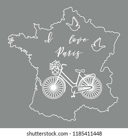 Map of France, bicycle with a basket of flowers, pigeons. Travel and leisure.