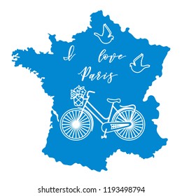 Map of France, bicycle with a basket of flowers, pigeons. Travel and leisure.
