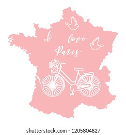 Map of France, bicycle with a basket of flowers, pigeons. Travel and leisure.