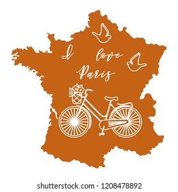Map of France, bicycle with a basket of flowers, pigeons. Travel and leisure.