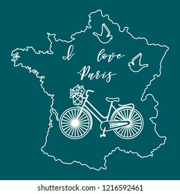 Map of France, bicycle with a basket of flowers, pigeons. Travel and leisure.
