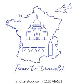 Map of France, bridge, tower, basilica, plane. Travel and leisure.