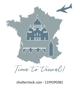 Map of France, bridge, tower, basilica, plane. Travel and leisure.