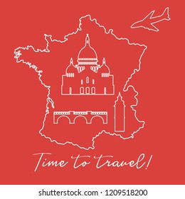 Map of France, bridge, tower, basilica, plane. Travel and leisure.