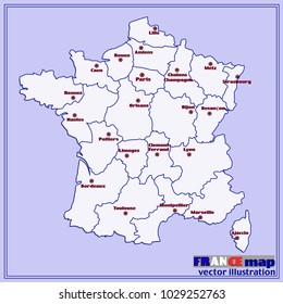 Map of France. Bright illustration with map. Illustration with blue background. Vector illustration.