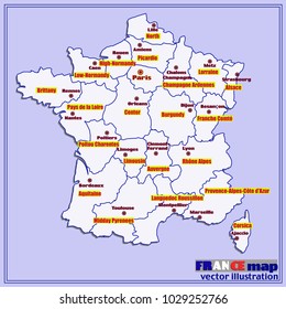 Map of France. Bright illustration with map. Illustration with blue background. Map of France with major cities and regions. Vector illustration.