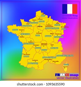 Map of France. Bright illustration with map. Illustration with colorful background. Map of France with major cities and regions. Vector illustration.