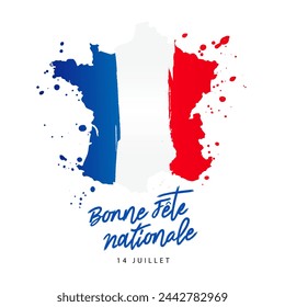 Map of France in the colors of the French flag. Happy national holiday on July 14 - inscription in French. Bastille Day. Vector illustration on a white background.