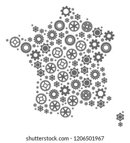 Map of France composed with gray cog symbols. Vector abstract mosaic of map of France with technical symbols. Engineering flat design for industry purposes.