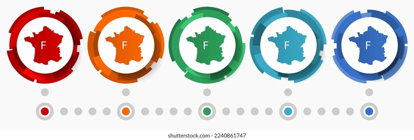 Mapa del conjunto de iconos del vector conceptual de Francia, punteros de diseño plano, plantilla de infografía