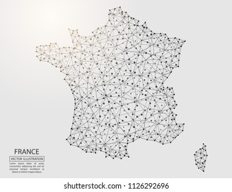 A map of France consisting of 3D triangles, lines, points, and connections. Vector illustration of the EPS 10.