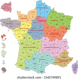Map of France with departments and regions including departments of Overseas and enlargement of departments around Paris