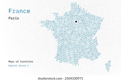 A map of France depicted in zeros and ones in the form of a circle. The capital, Paris, is shown in the center of the circle	
