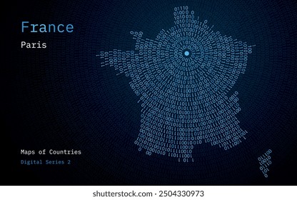 Un mapa de Francia representado en ceros y unos en forma de círculo. La capital, París, se muestra en el centro del círculo	
