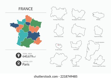 Map of France with detailed country map. Map elements of cities, total areas and capital.