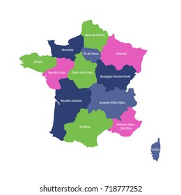 Map of France divided into 13 administrative metropolitan regions, since 2016. Four colors. Vector illustration.
