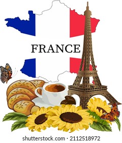 Mapa de Francia y la Torre Eiffel en la ilustración.Ilustración vectorial con mapa de Francia, Torre Eiffel, girasoles y croissant.