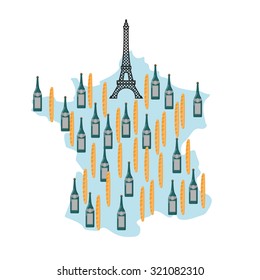 Map of France with Eiffel Tower in Paris. National French food: baguette and French wine. Landmarks in Europe. Architectural Cultural Monument of  country. Bread and alcohol. Funny tourist plan