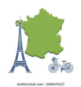 Map of France, famous tower of Paris, bicycle with a basket of flowers. Travel and leisure.