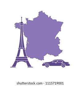 Map of France, famous tower of Paris, car. Travel and leisure.