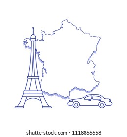 Map of France, famous tower of Paris, car. Travel and leisure.