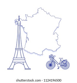 Map of France, famous tower of Paris, bicycle with a basket of flowers. Travel and leisure.