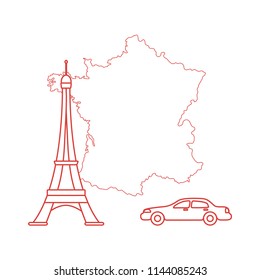 Map of France, famous tower of Paris, car. Travel and leisure.