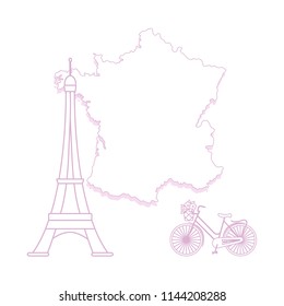 Map of France, famous tower of Paris, bicycle with a basket of flowers. Travel and leisure.