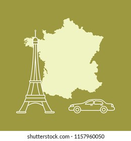 Map of France, famous tower of Paris, car. Travel and leisure.