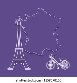 Map of France, famous tower of Paris, bicycle with a basket of flowers. Travel and leisure.