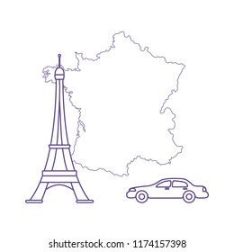 Map of France, famous tower of Paris, car. Travel and leisure.