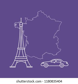 Map of France, famous tower of Paris, car. Travel and leisure.